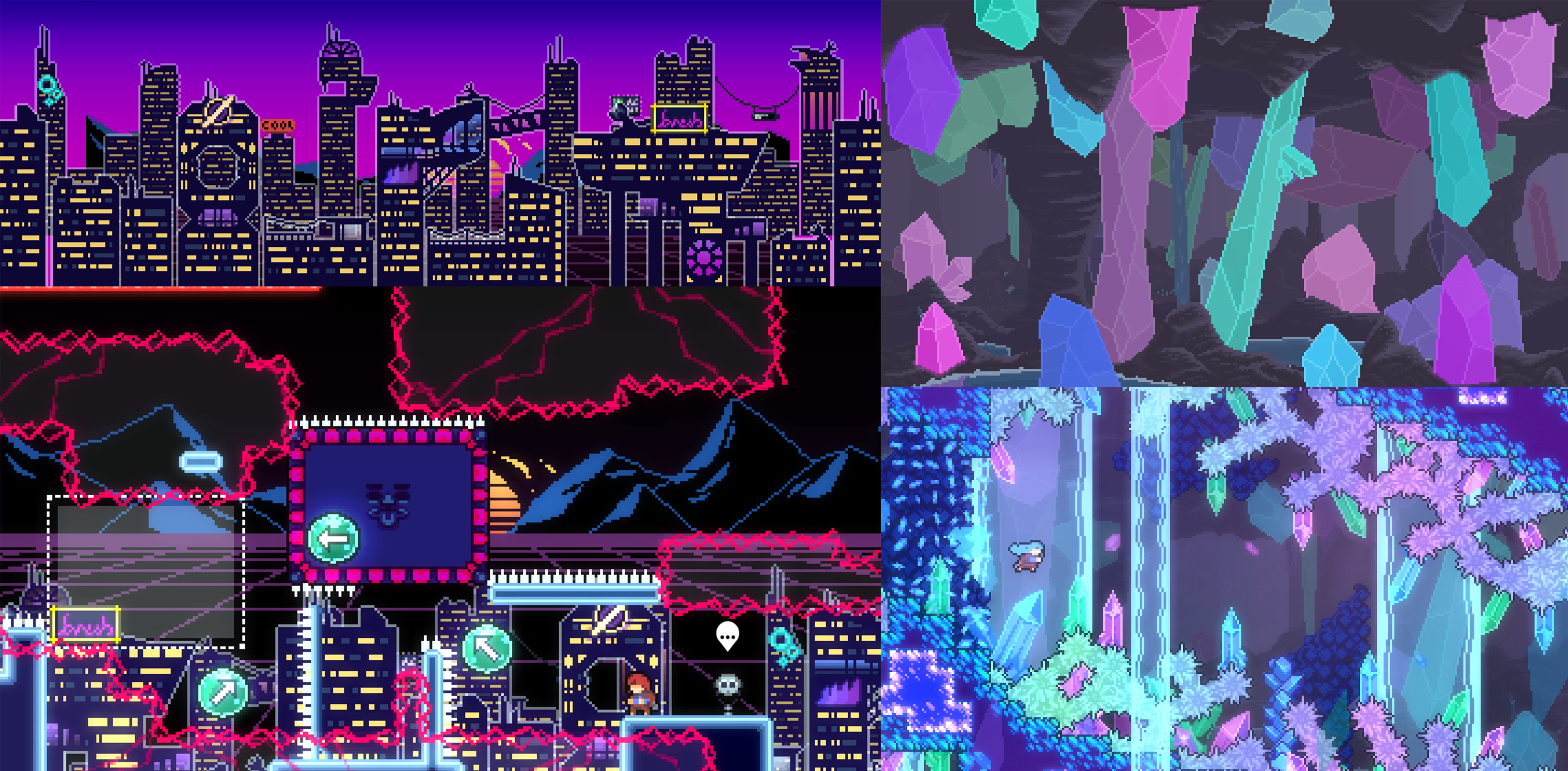 A slide showing two backgrounds and the in-game screenshots with them. One is a city skyline showing
                lots of flashy buildings in a vaporware aesthetic, and one is a large cavern full of massive colorful crystals spanning the entire height of the cave.